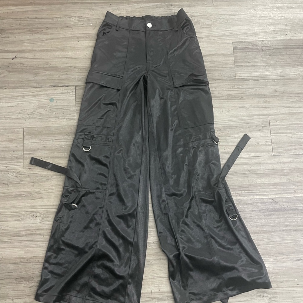 Fashion Nova Shiny Black Wide Leg Cargo Pants